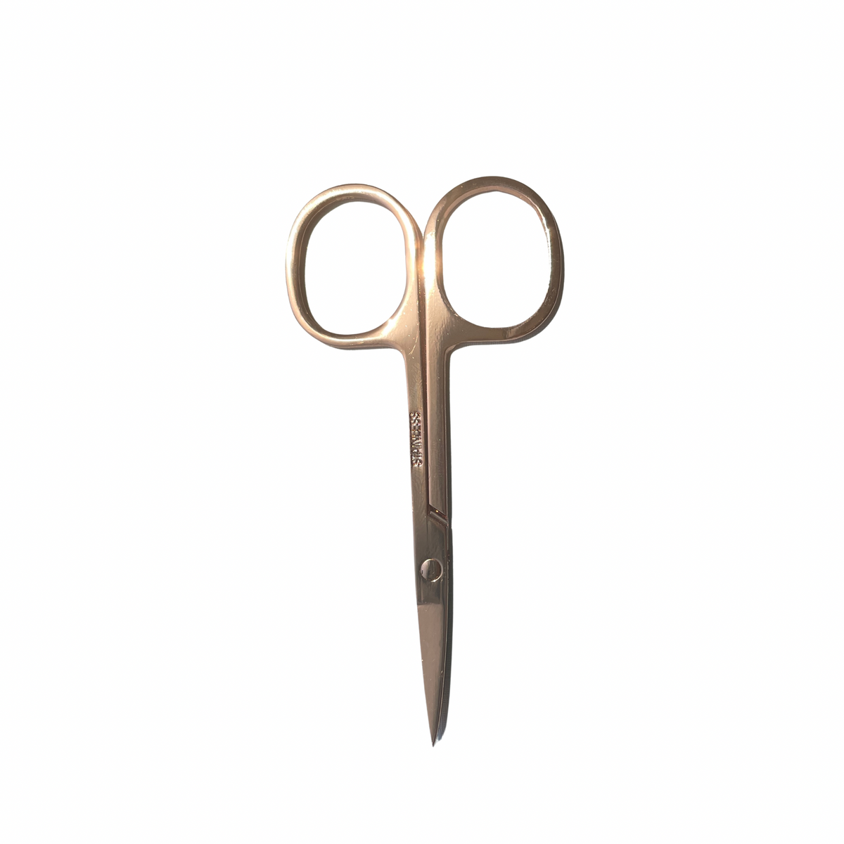 A pair of stainless steel scissors with a satin finish, isolated on a solid white background. Great for trimming brows or (split) ends and fairy knots.