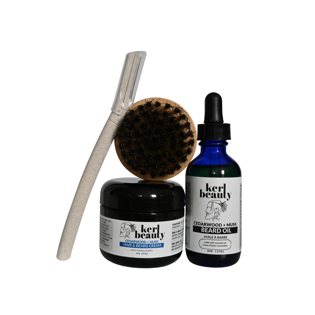 Kerl Beauty beard grooming products including a brush, oil, and balm on a white background