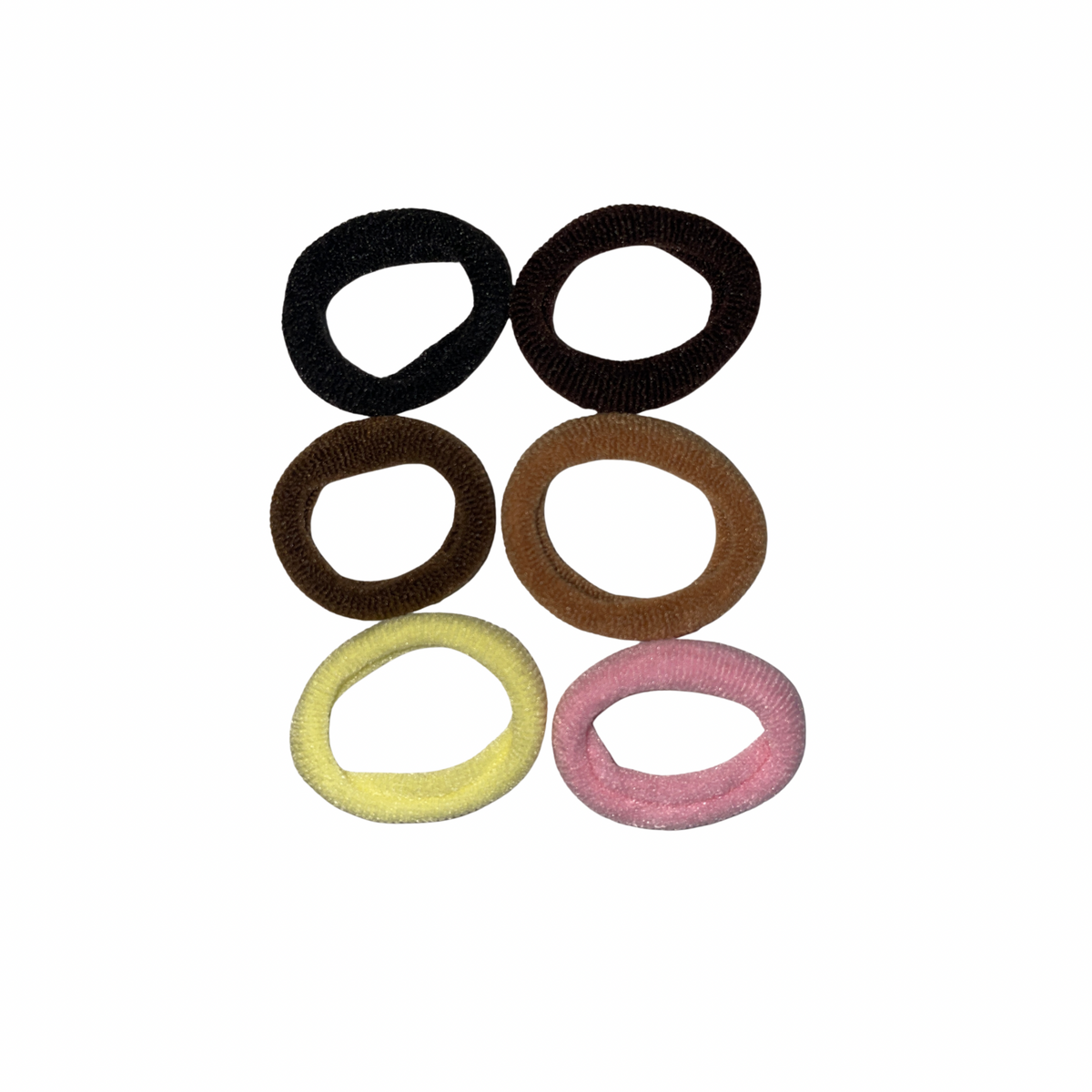Six mini fabric hair ties in assorted colors, including black, brown, tan, pale yellow, and pink, arranged in a grid on a plain white background.