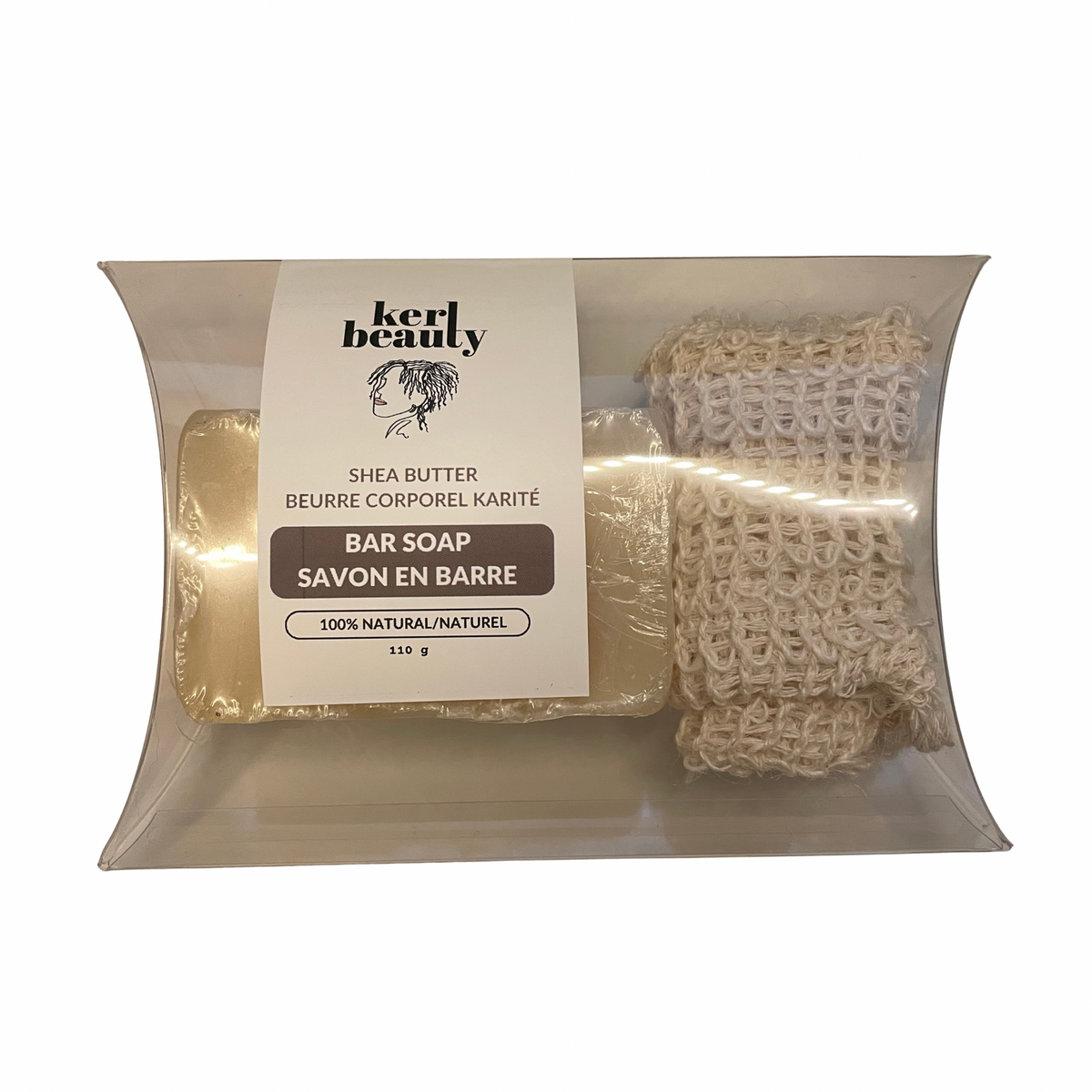 Kerl Beauty Shea Butter Bar Soap in a clear rectangular pillow-style packaging box, with a sisal mesh soap bag visible next to the wrapped bar soap.