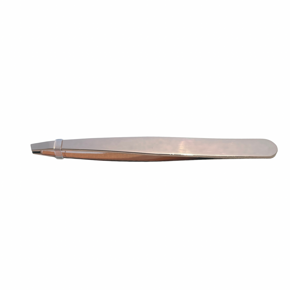 A single metallic rose gold stainless steel tweezer beauty tool, shown horizontally against a plain white background.